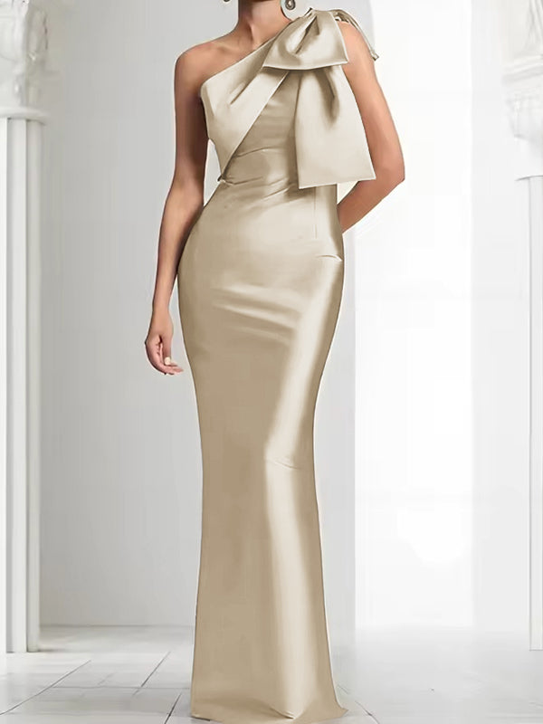 Sheath One-Shoulder Bow Floor-Length Satin Mother of the Bride Dress