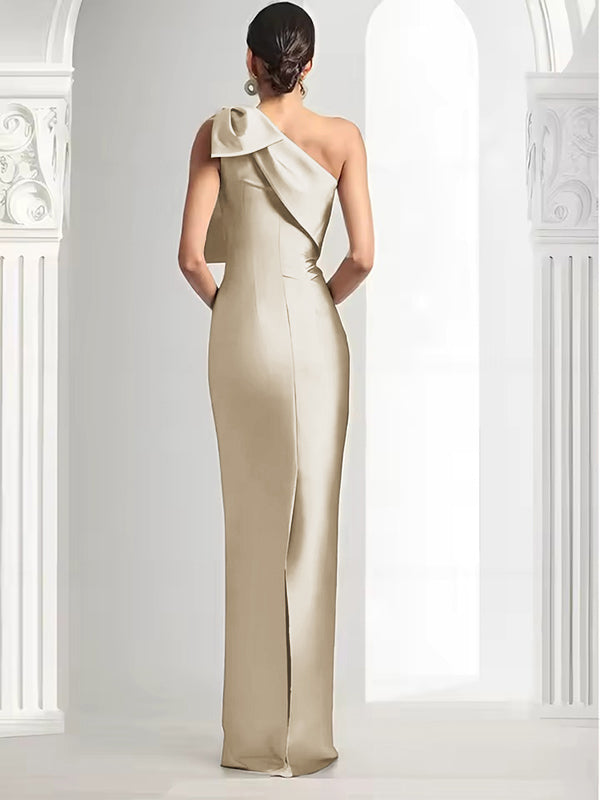 Sheath One-Shoulder Bow Floor-Length Satin Mother of the Bride Dress
