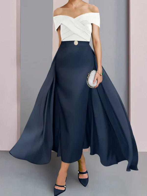 Sheath Off-the-Shoulder Pleated Tea-Length Charmeuse Corset Mother of the Bride Dress