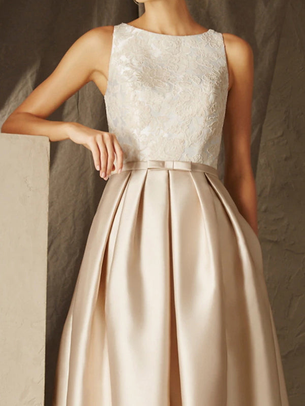 A-line Scoop Pleated Floor-Length Satin Mother of the Bride Dress