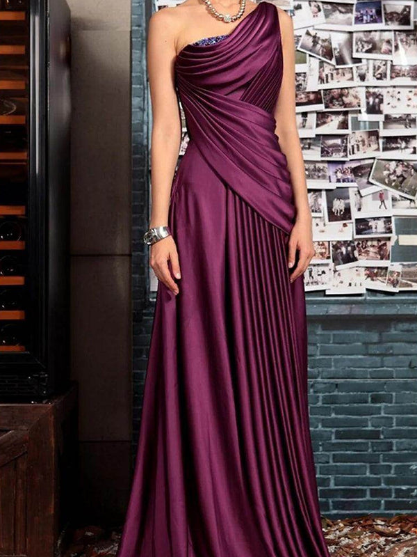 A-line One-Shoulder Pleated Floor-Length Silk Like Satin Corset Mother of the Bride Dress
