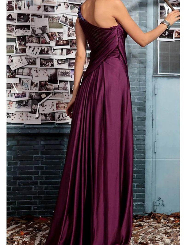 A-line One-Shoulder Pleated Floor-Length Silk Like Satin Corset Mother of the Bride Dress