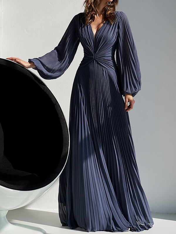A-line V-neck Long Sleeves Pleated Floor-Length Chiffon Corset Mother of the Bride Dress