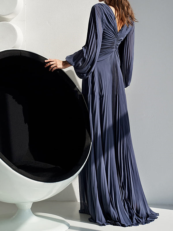 A-line V-neck Long Sleeves Pleated Floor-Length Chiffon Corset Mother of the Bride Dress