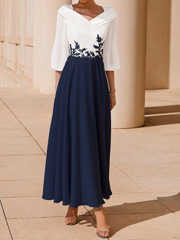 A-line V-neck 3/4 Sleeves Appliques Lace Ankle-Length Chiffon Corset Mother of the Bride Dress