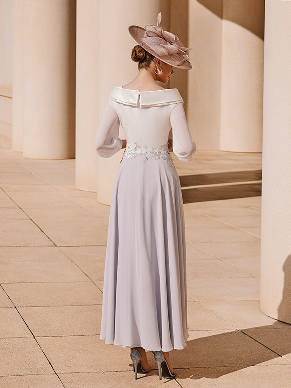 A-line V-neck 3/4 Sleeves Appliques Lace Ankle-Length Chiffon Corset Mother of the Bride Dress