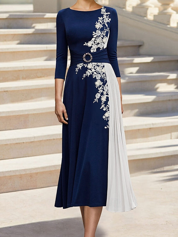 A-line Scoop 3/4 Sleeves Appliques Lace Tea-Length Jersey Mother of the Bride Dress