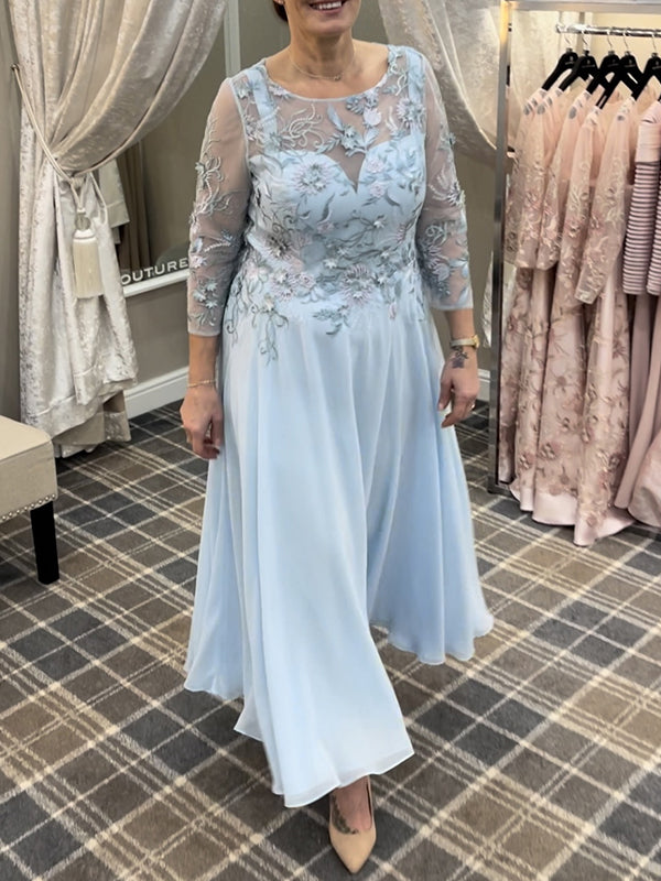 A-line Scoop 3/4 Sleeves Appliques Lace Ankle-Length Chiffon Mother of the Bride Dress