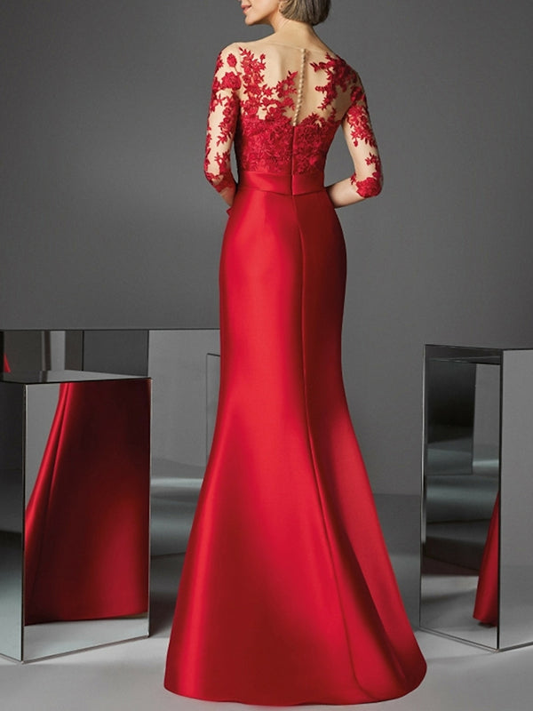 Sheath Scoop 3/4 Sleeves Appliques Lace Floor-Length Satin Mother of the Bride Dress
