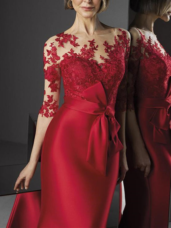 Sheath Scoop 3/4 Sleeves Appliques Lace Floor-Length Satin Mother of the Bride Dress