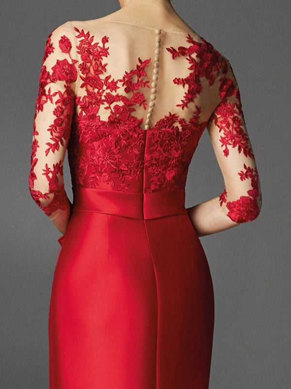 Sheath Scoop 3/4 Sleeves Appliques Lace Floor-Length Satin Mother of the Bride Dress