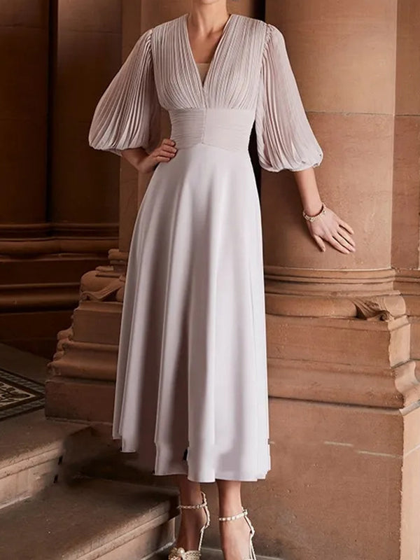 A-line V-neck 3/4 Sleeves Pleated Tea-Length Chiffon Mother of the Bride Dress