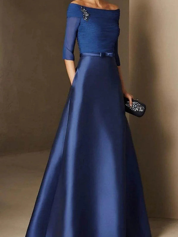 A-line Off-the-Shoulder 3/4 Sleeves Beading Floor-Length Satin Corset Mother of the Bride Dress
