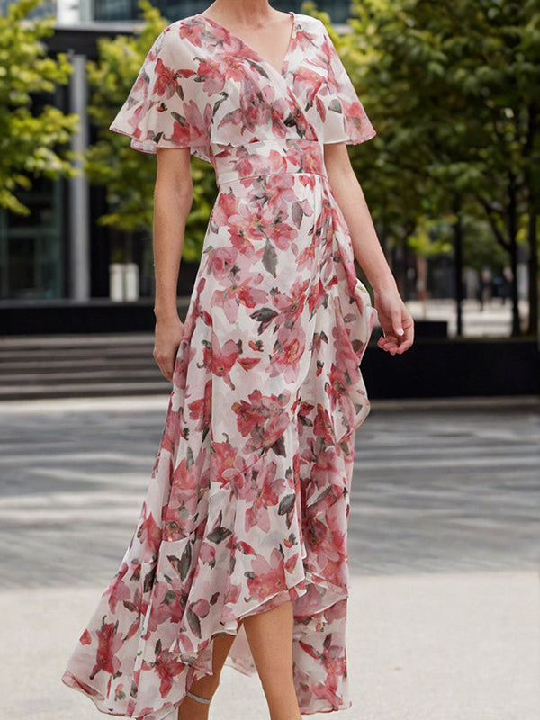 A-line V-neck Short Sleeves Ruffles Asymmetrical Mother of the Bride Dress