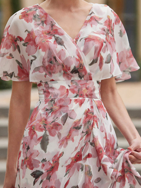 A-line V-neck Short Sleeves Ruffles Asymmetrical Mother of the Bride Dress
