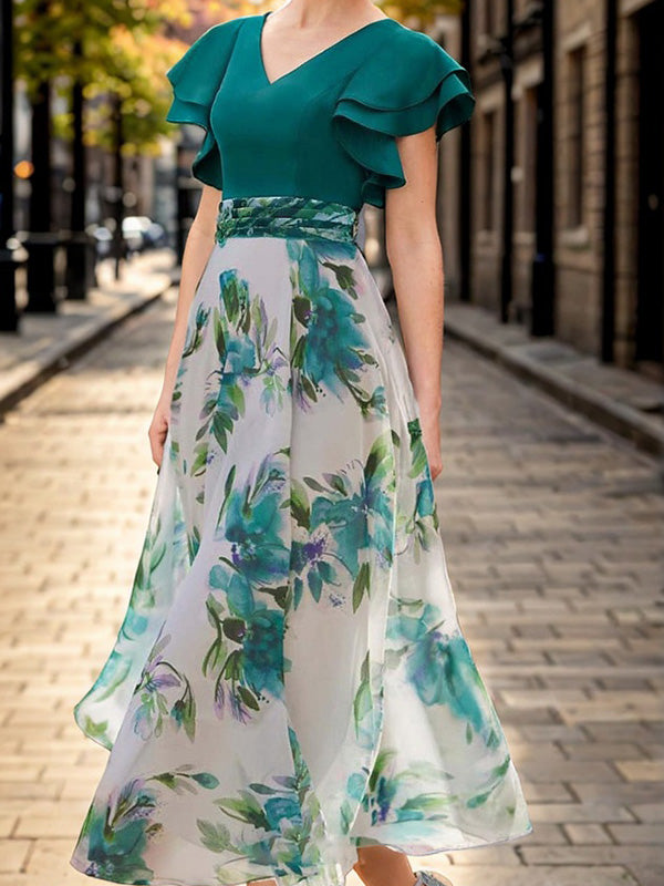 A-line V-neck Short Sleeves Ruffles Tea-Length Mother of the Bride Dress