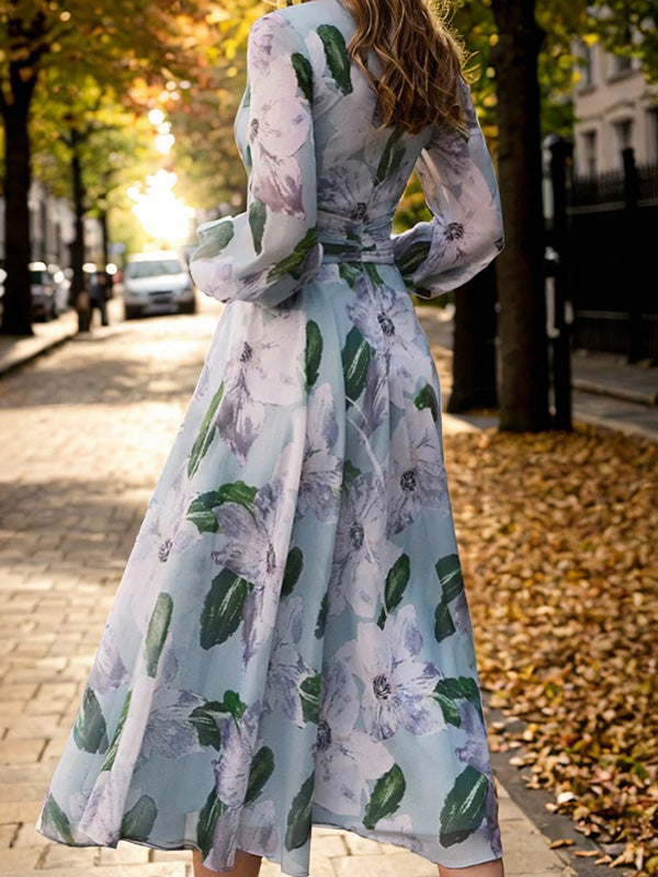 A-line V-neck Long Sleeves Pleated Tea-Length Mother of the Bride Dress