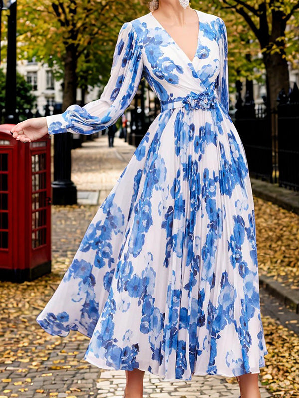 A-line V-neck Long Sleeves Flower Tea-Length Mother of the Bride Dress