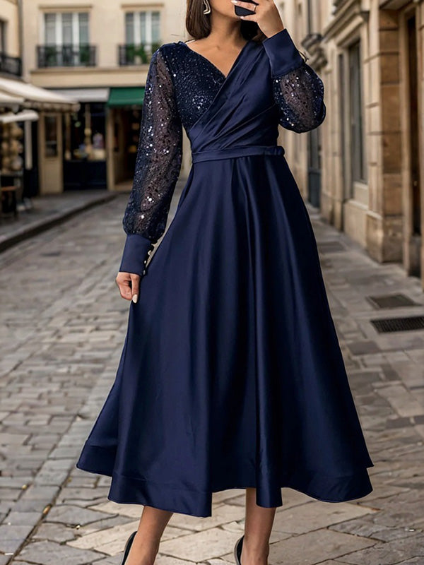 A-line V-neck Long Sleeves Pleated Tea-Length Silk Like Satin Corset Mother of the Bride Dress
