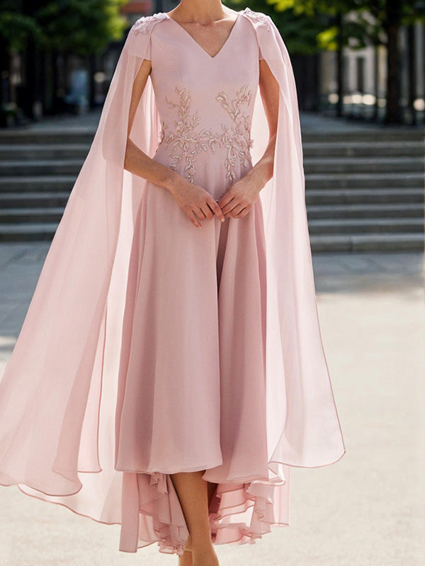 A-line V-neck Short Sleeves Appliques Lace Ankle-Length Chiffon Corset Mother of the Bride Dress