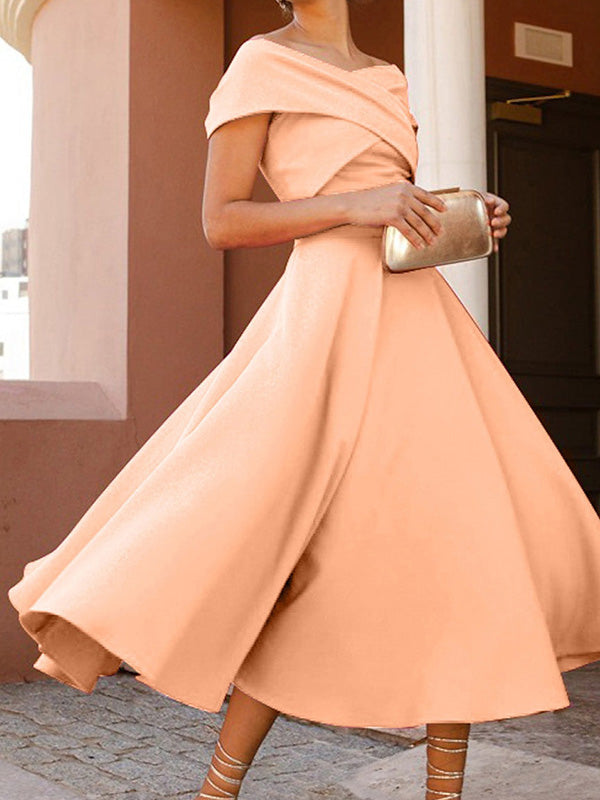 A-line Off-the-Shoulder Pleated Tea-Length Satin Corset Mother of the Bride Dress