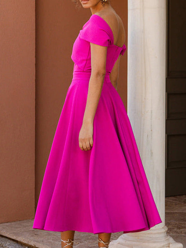 A-line Off-the-Shoulder Pleated Tea-Length Satin Corset Mother of the Bride Dress