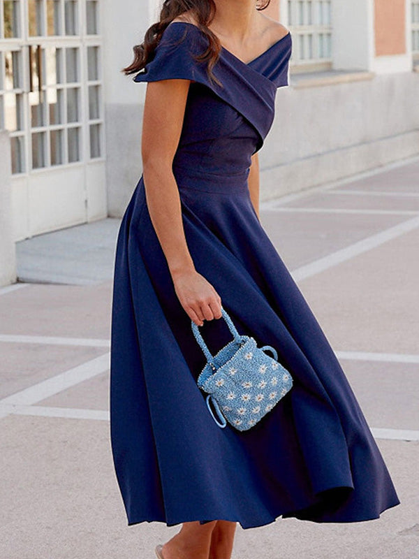 A-line Off-the-Shoulder Pleated Tea-Length Satin Corset Mother of the Bride Dress