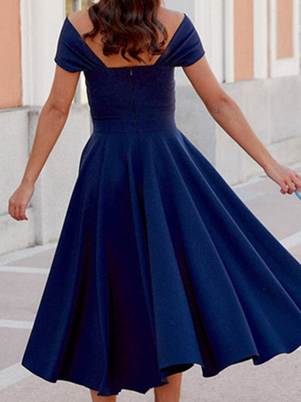 A-line Off-the-Shoulder Pleated Tea-Length Satin Corset Mother of the Bride Dress
