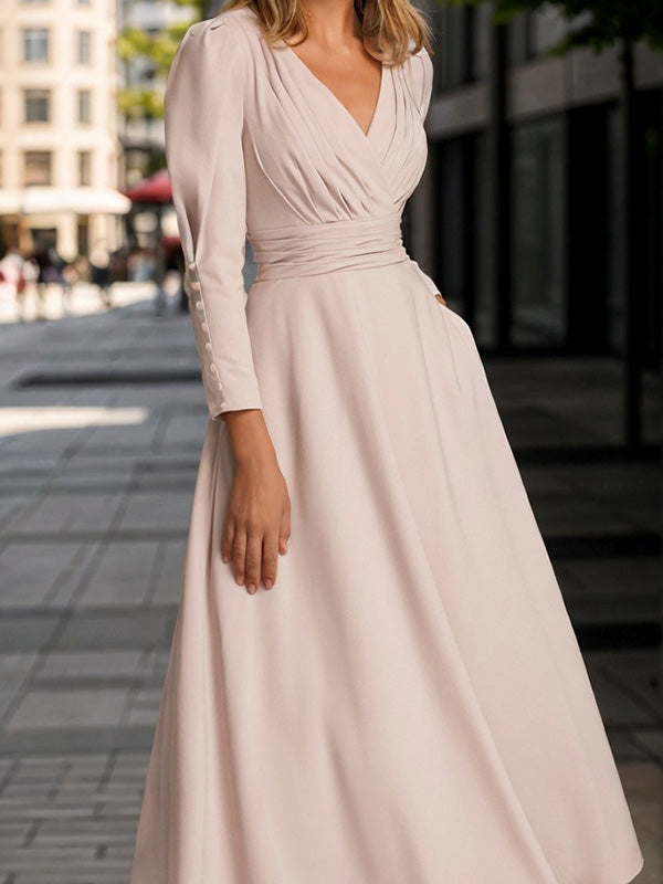 A-line V-neck Long Sleeves Pleated Ankle-Length Stretch Crepe Mother of the Bride Dress