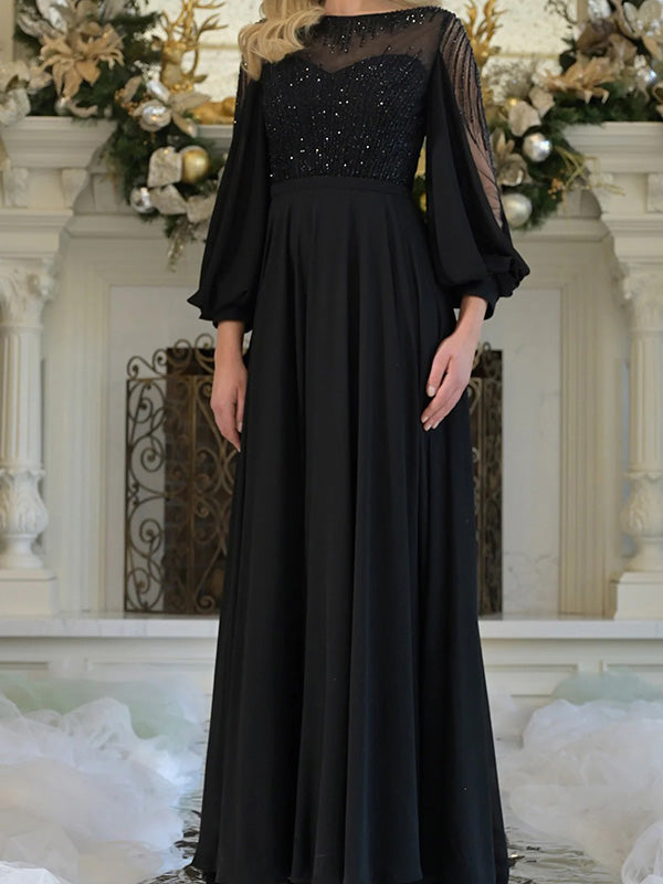 A-line Scoop Long Sleeves Beading Floor-Length Chiffon Corset Mother of the Bride Dress