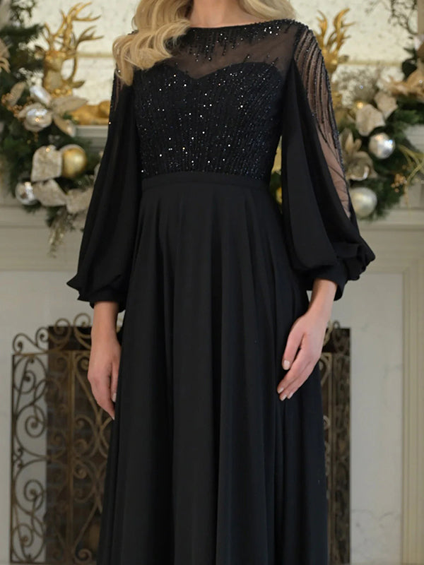 A-line Scoop Long Sleeves Beading Floor-Length Chiffon Corset Mother of the Bride Dress