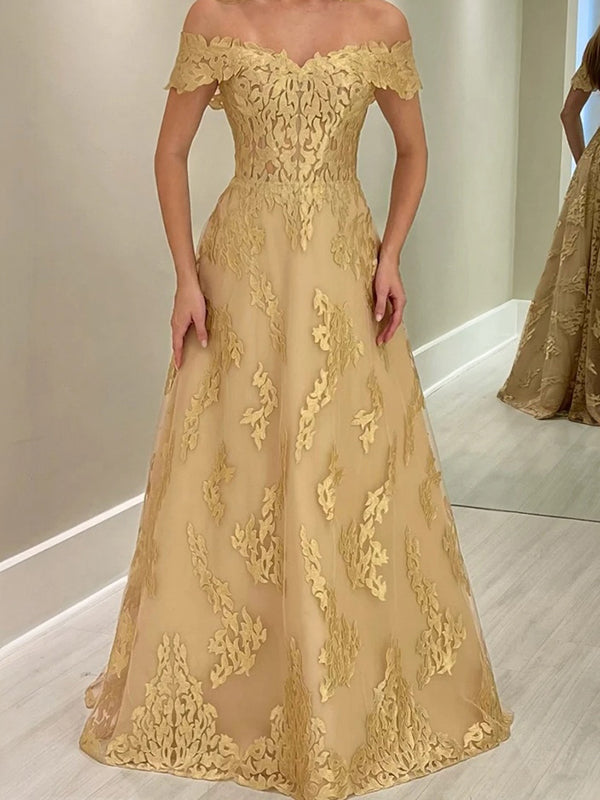 A-line Off-the-Shoulder Appliques Lace Floor-Length Lace Corset Mother of the Bride Dress