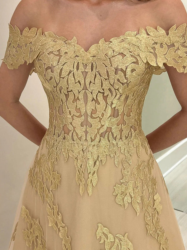 A-line Off-the-Shoulder Appliques Lace Floor-Length Lace Corset Mother of the Bride Dress