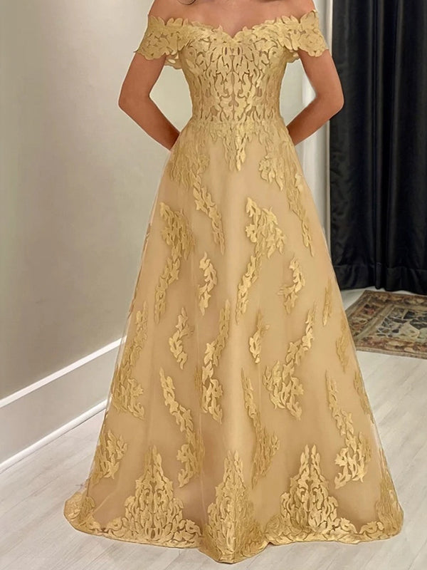 A-line Off-the-Shoulder Appliques Lace Floor-Length Lace Corset Mother of the Bride Dress