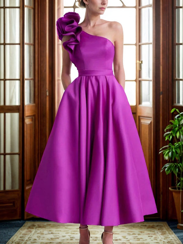 A-line One-Shoulder Ruffles Ankle-Length Satin Corset Mother of the Bride Dress