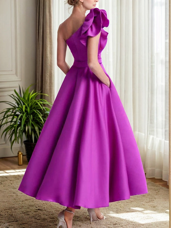 A-line One-Shoulder Ruffles Ankle-Length Satin Corset Mother of the Bride Dress