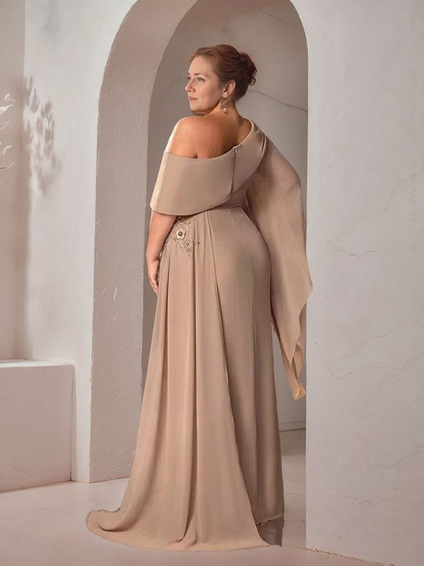 Sheath One-Shoulder Long Sleeves Ruffles Floor-Length Chiffon Mother of the Bride Dress