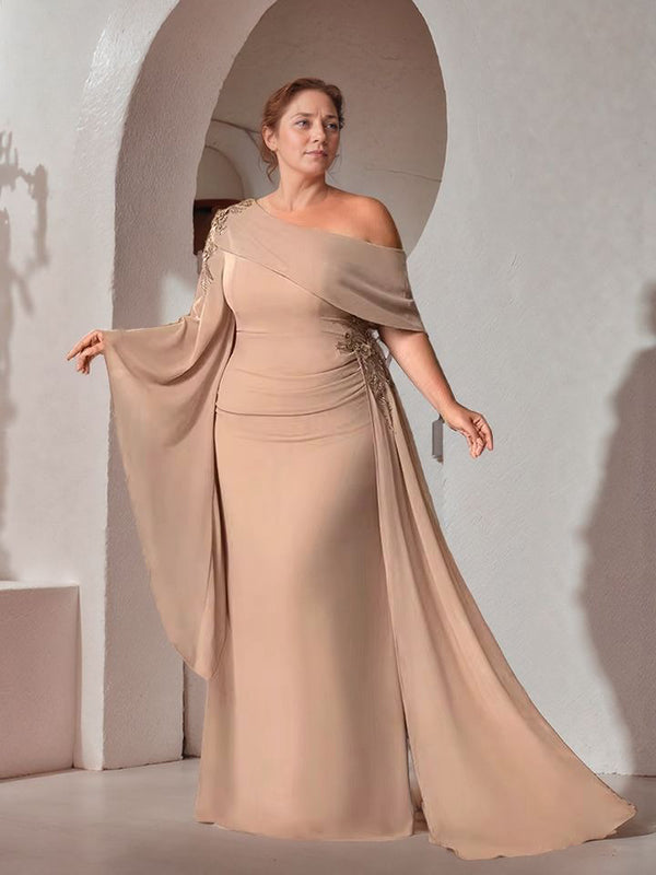 Sheath One-Shoulder Long Sleeves Ruffles Floor-Length Chiffon Mother of the Bride Dress