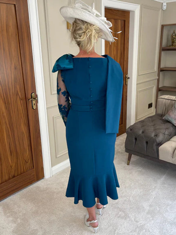 Sheath 3/4 Sleeves Ruffles Tea-Length Stretch Crepe Mother of the Bride Dress
