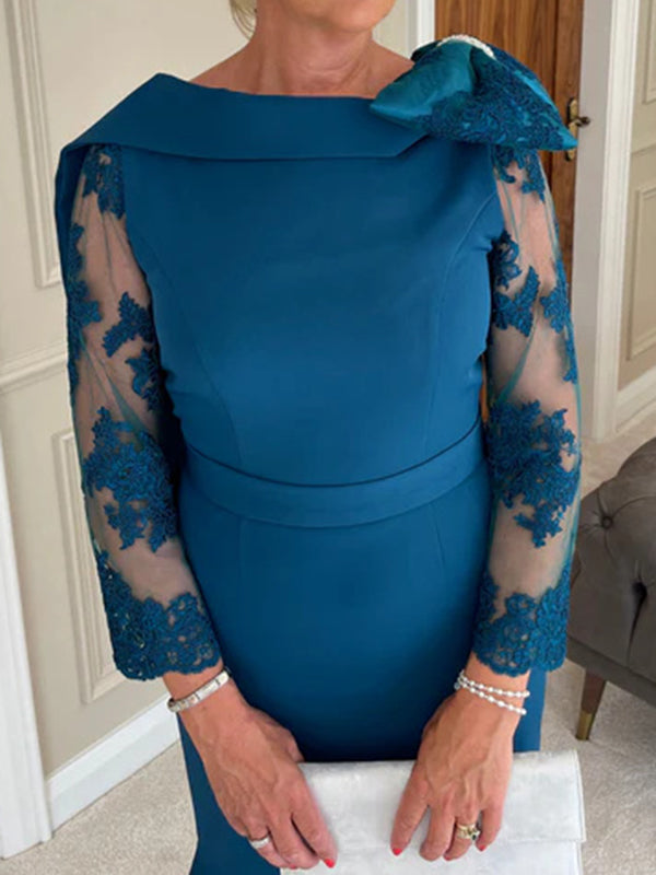 Sheath 3/4 Sleeves Ruffles Tea-Length Stretch Crepe Mother of the Bride Dress