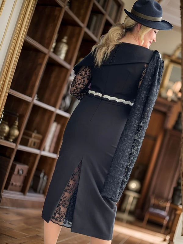 Sheath Scoop 3/4 Sleeves Beading Tea-Length Stretch Crepe Mother of the Bride Dress