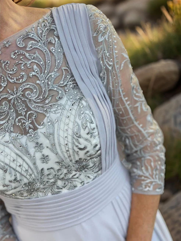 A-line Bateau 3/4 Sleeves Ruffles Floor-Length Chiffon Mother of the Bride Dress