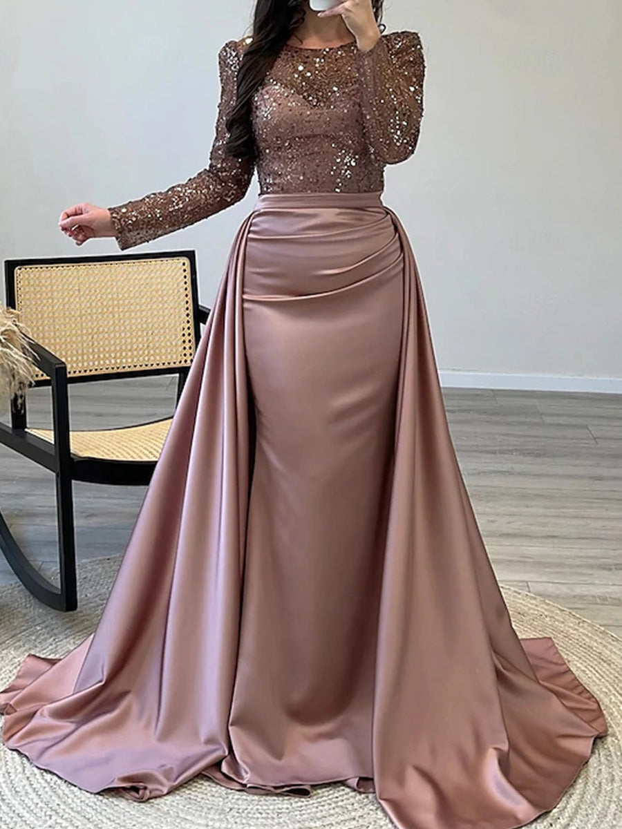 Sheath Scoop Long Sleeves Pleated Sweep Train Charmeuse Corset Mother of the Bride Dress