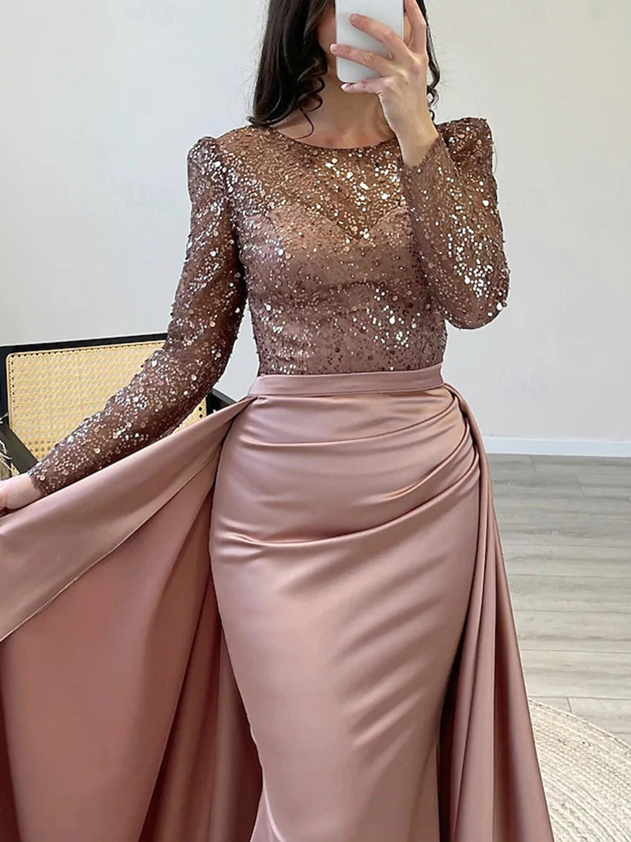 Sheath Scoop Long Sleeves Pleated Sweep Train Charmeuse Corset Mother of the Bride Dress