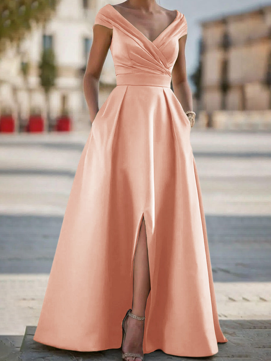 A-line V-neck Pleated Floor-Length Satin Corset Mother of the Bride Dress