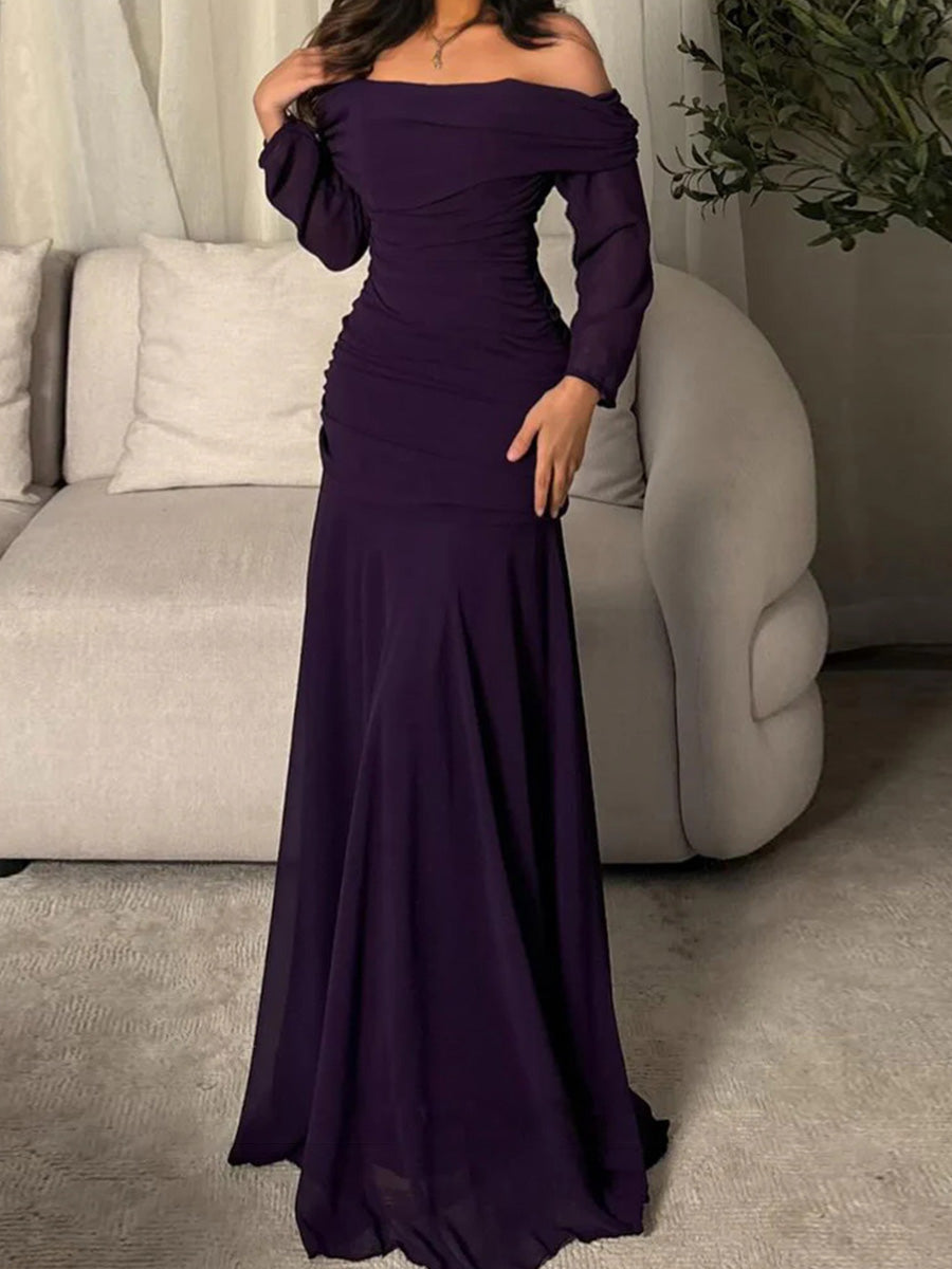 Sheath Off-the-Shoulder Long Sleeves Pleated Floor-Length Chiffon Corset Mother of the Bride Dress