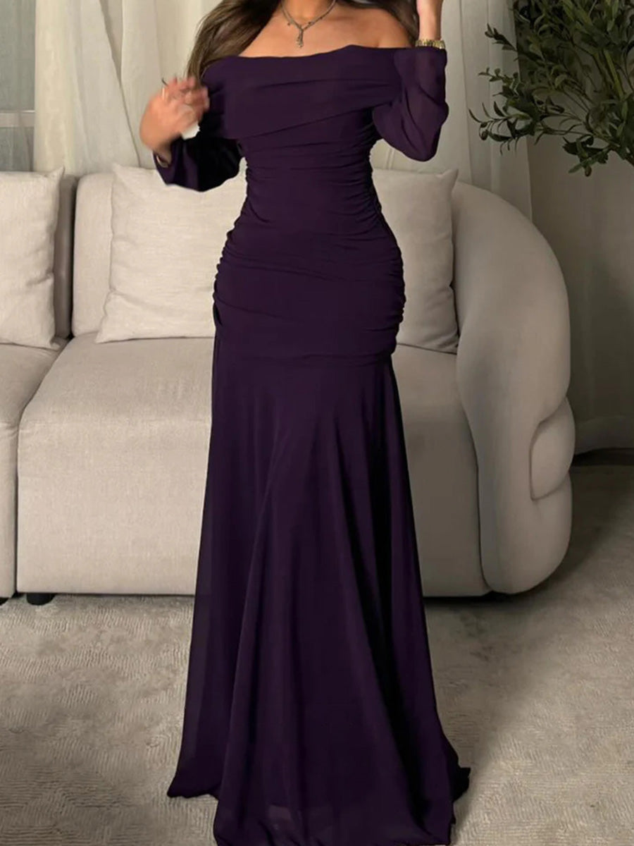 Sheath Off-the-Shoulder Long Sleeves Pleated Floor-Length Chiffon Corset Mother of the Bride Dress