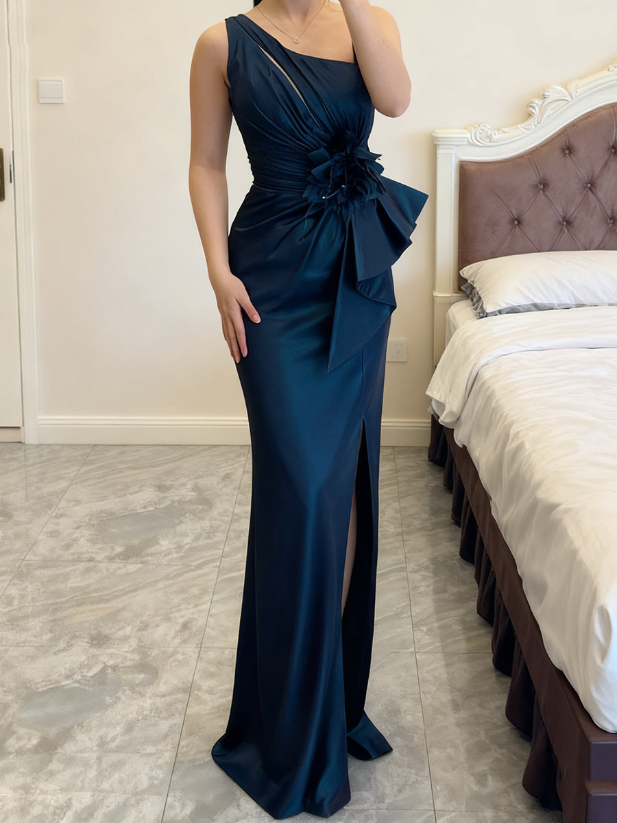 Sheath One-Shoulder Flower Floor-Length Satin Corset Mother of the Bride Dress