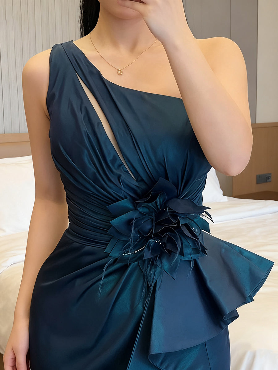 Sheath One-Shoulder Flower Floor-Length Satin Corset Mother of the Bride Dress