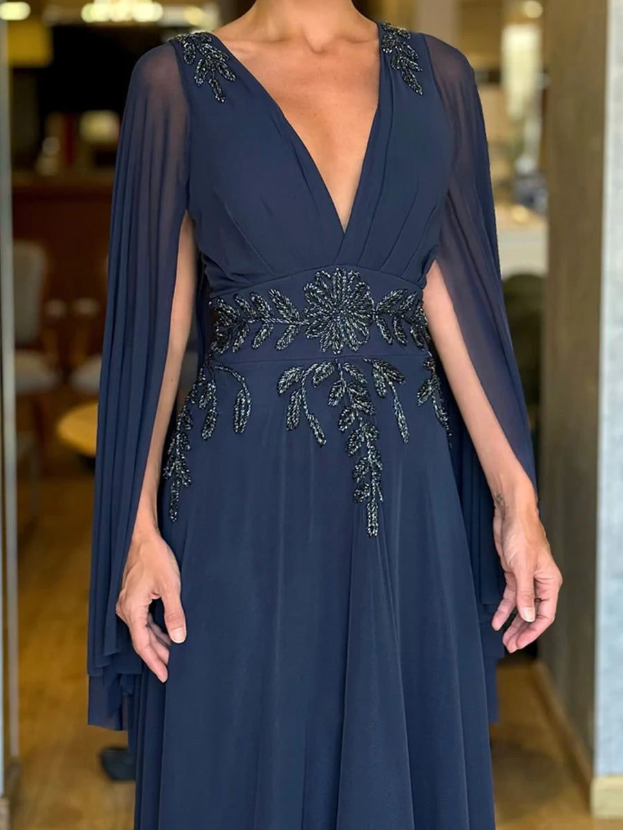 A-line V-neck Long Sleeves Beading Floor-Length Chiffon Corset Mother of the Bride Dress